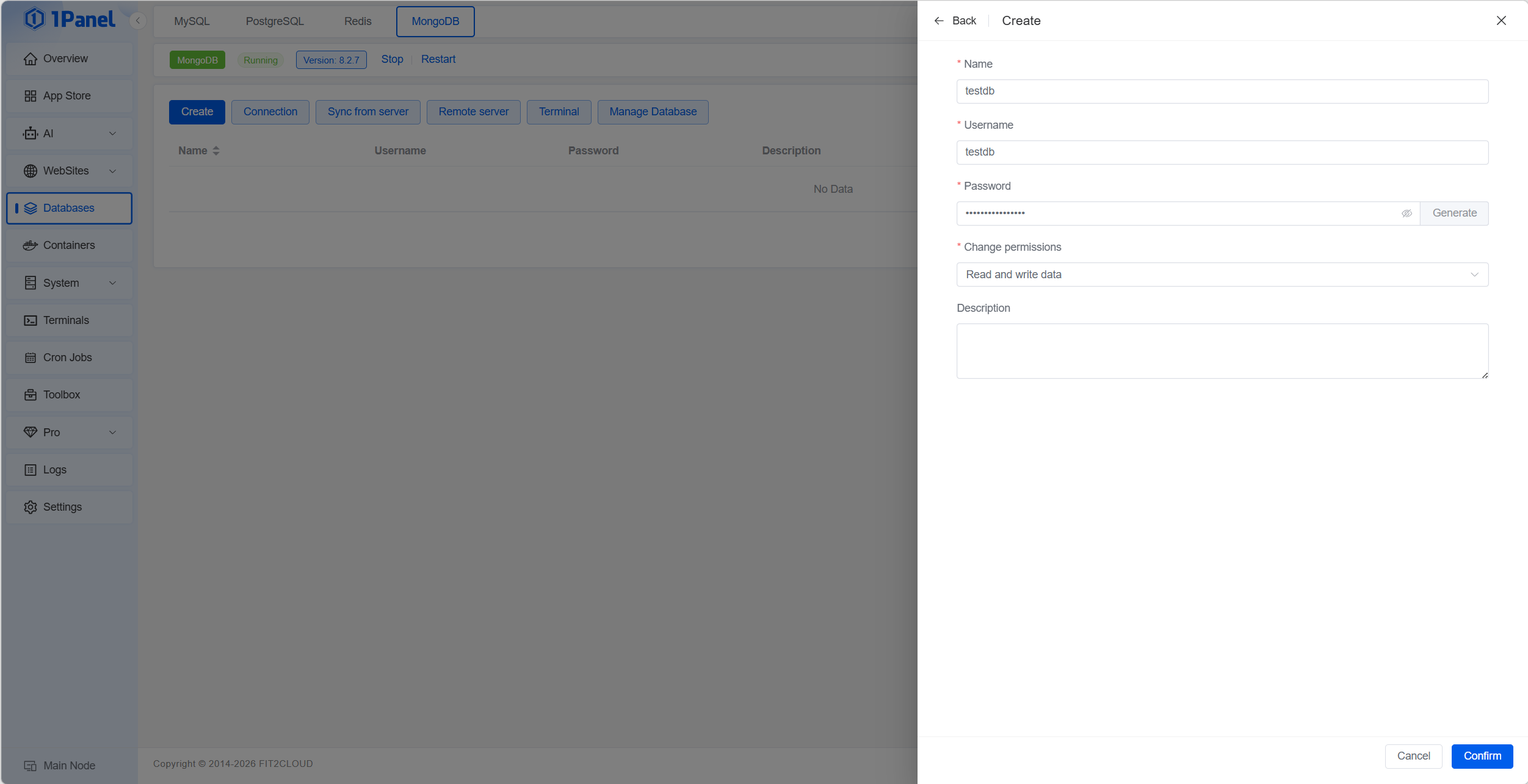 1Panel - Create MongoDB Database