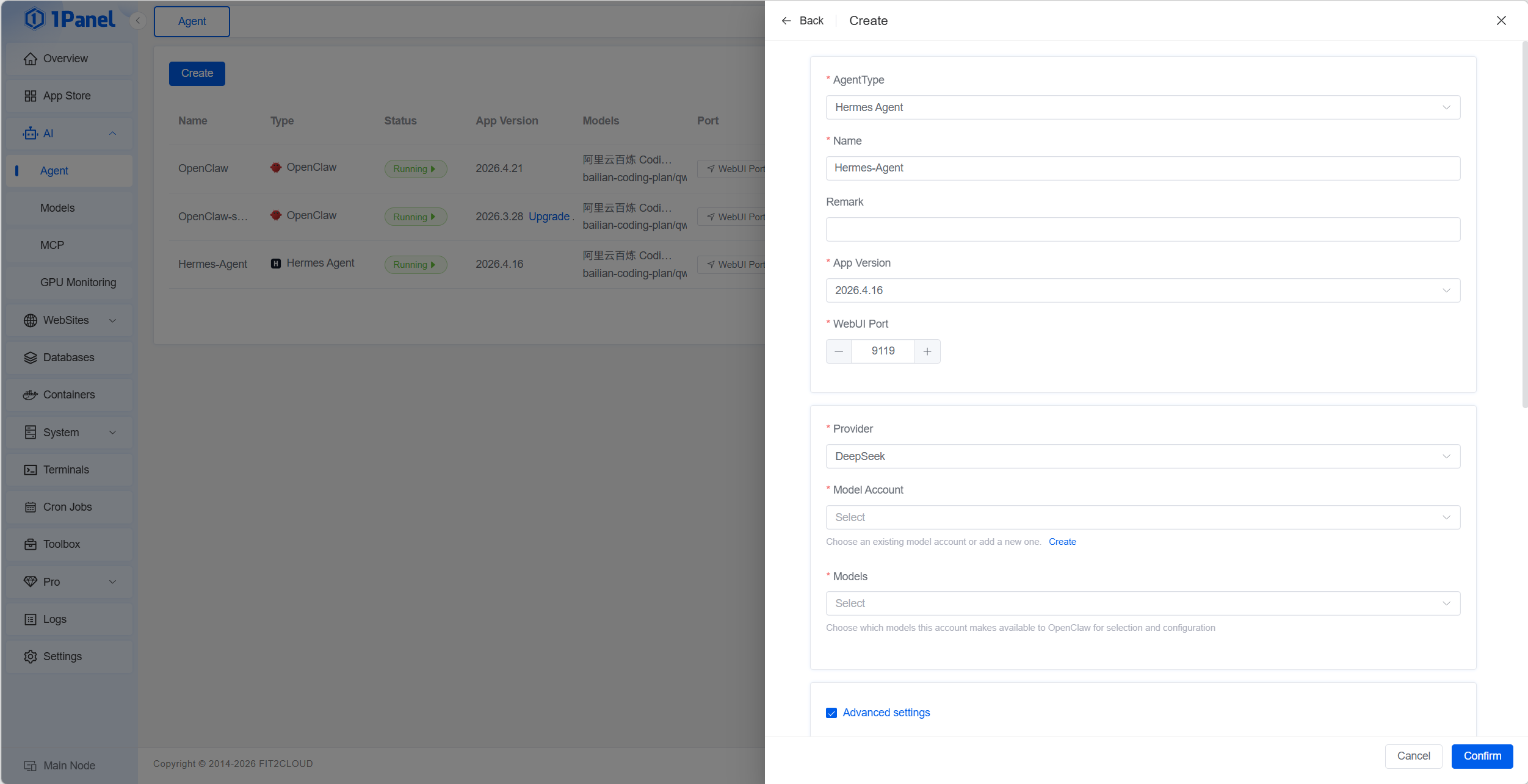 Create Hermes Agent in 1Panel