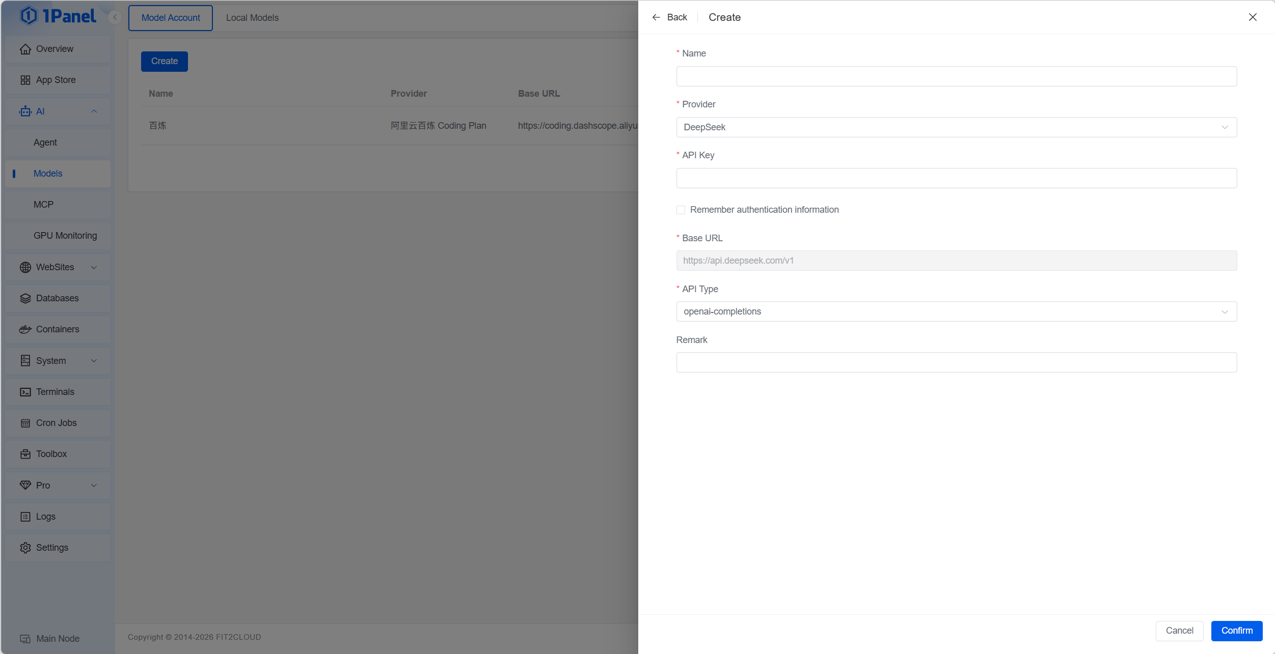 Create Model Account in 1Panel