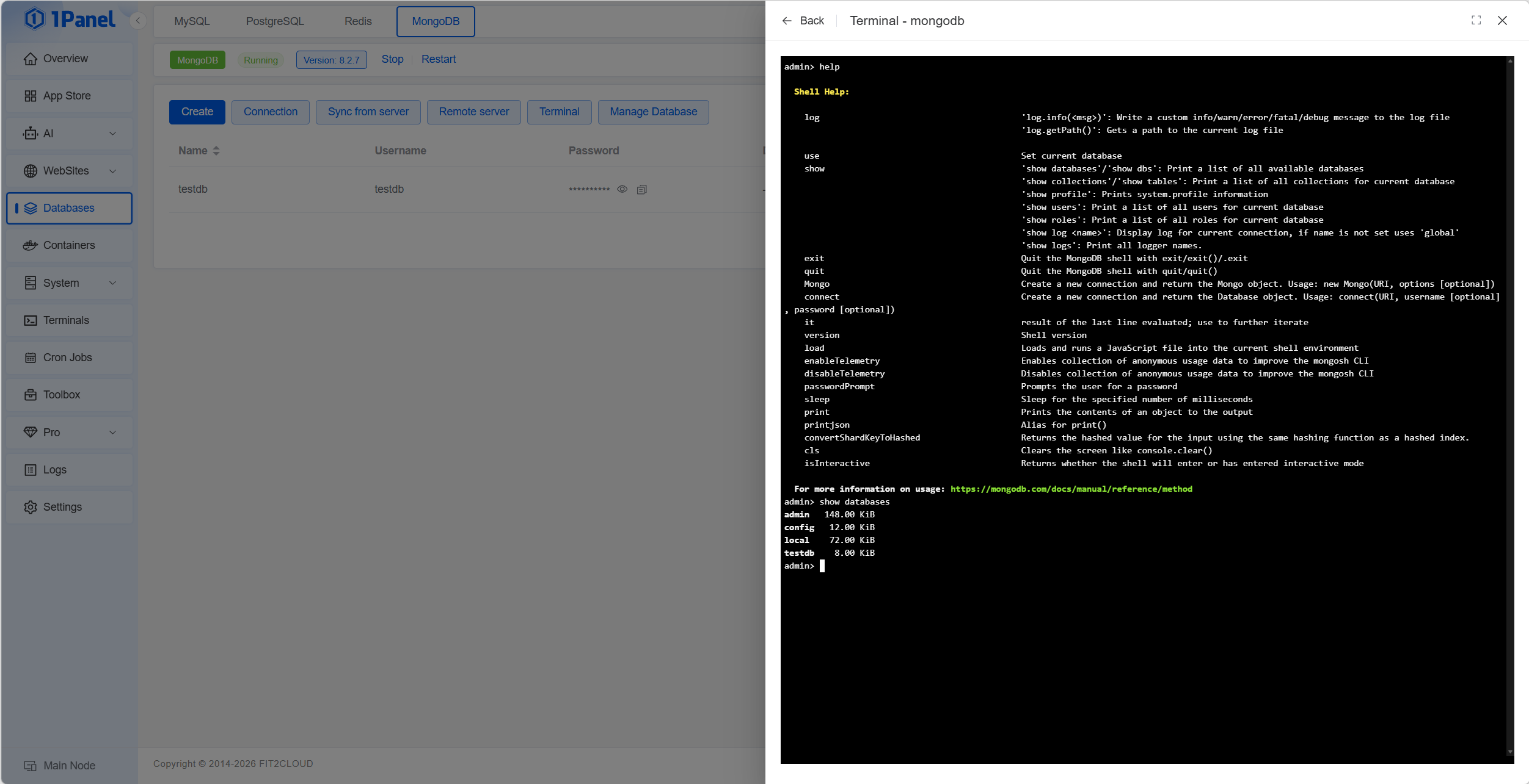 1Panel - MongoDB Built-in Terminal